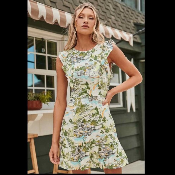 Sugarlips Francine Toile Print Ruffle Mini Dress Multi-Green Anthropologie - Picture 8 of 14